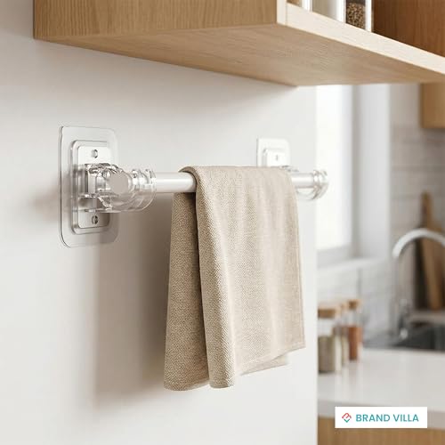 Image of BRAND VILLA Self-Adhesive No Drill Curtain Rod Brackets Curtain Rod Holder Hooks Nail Free Adjustable Curtain Rod Wall Hooks Hangers for Bathroom Kitchen and Hotel (Pack of 4)