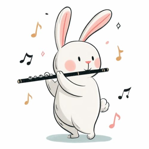 Image of Cute Bunny Playing Flute Wall Sticker | Cartoon Rabbit Self Adhesive Wall Decal for Kids Room, Nursery, Bedroom & Playroom Decoration