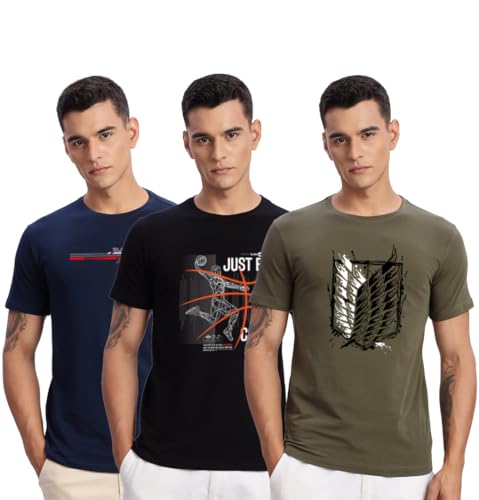 Image of ADRO 100% Cotton Lycra Tshirts for Men Combo Pack of 3 | Regular Fit | Printed T Shirt | Round Neck Half Sleeve| Mens Tshirts