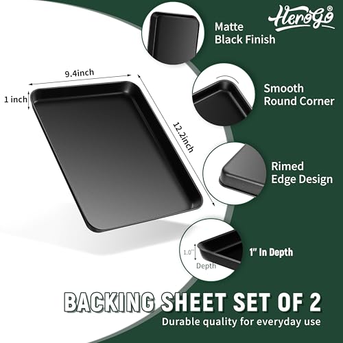 Herogo Baking Sheet Pan Set, Nonstick Carbon Steel Cookie Sheet Bakeware Set for Oven, 9.4×12.2×1 Inch Multipurpose Kitchen Cookware 2 Pack, Non-toxic & Heavy Duty & Easy Clean-Medium