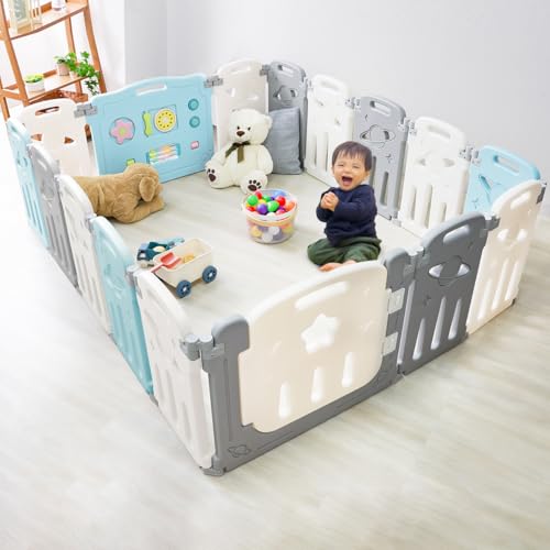 ベビーサークル 折りたたみ 大きめ ベビーフェンス 扉付き 16枚セット 150cm×190cm おもちゃパネル付き ドアロック付き 簡単組立 出産祝い プレゼント GAD016BLWH