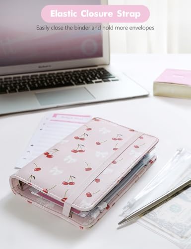 Image of A6 Budget Binder for Money Saving, PU Leather Budget Planner with 8 Cash Envelopes, Budget Sheets & Rose Gold Category Stickers, Money Organizer for Cash (Pink Cherry)