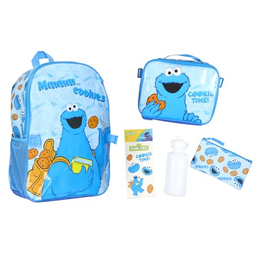 INTIMO Sesame Street Cookie Monster Backpack 5-Piece Mega Set Cookie Time Kids School Bag Lunch Box Pencil Case Water Bottle 16