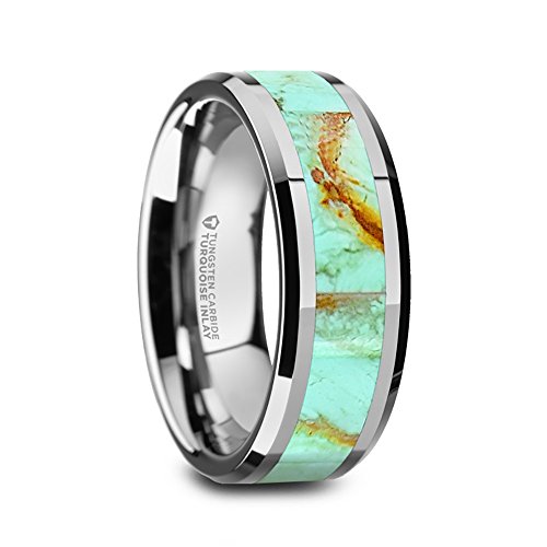 Thorsten Pierre Tungsten Carbide Wedding Band with Light Blue Turquoise Stone Inlay and Polished Beveled Edges Comfort Fit Durable Wedding Band - 8mm