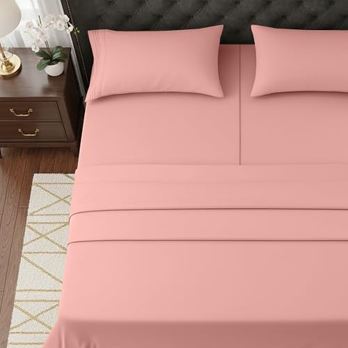 Image of Elegant Comfort Luxurious 1500 Premium Hotel Quality Microfiber Three Line Embroidered Softest 5-Piece Bed Sheet Set, Wrinkle and Fade Resistant, Split King, Dusty Rose