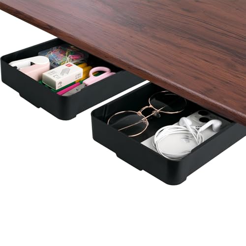 2 Pcs Under Desk Drawer, Self-Adhesive Hidden Desktop Organizer, Attachable Plastic Desk Drawer Slide Out, Table Storage Tray For Pencil Pen Stationery Home Office Organization, Large Black