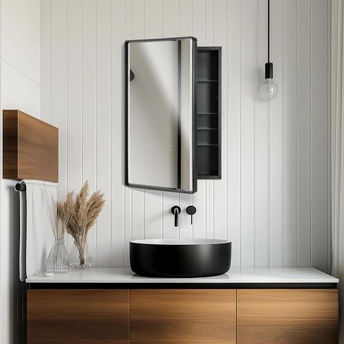 Head West Black Metal Recessed Medicine Cabinet Beveled Mirror, Bathroom Wall Mount Storage Organizer with Glass Shelves - 16