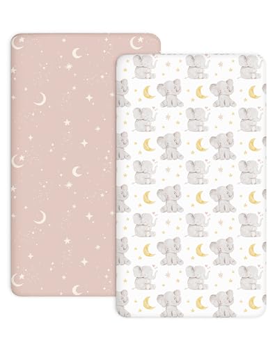 Image of Crib Sheets for Boys and Girls, 2 Pack Fitted Baby Sheets for Standard Toddler Mattress 28 inch x 52 inch, Soft Breathable Jersey Knit Baby Bedding (Elephant Dream)