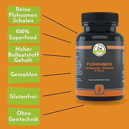 Flohsamen gemahlen für Hunde - 90 Kapseln für bis zu 3 Monate, bei Problemen mit der Analdrüse sehr positiv, natürlicher Ballaststoff als die gesunde Alternative zu Gemüse und Obst