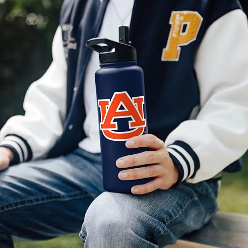 Image of Logo Brands NCAA Auburn Tigers 34 oz Stainless Steel Quencher Bottle - Team Color, Straw Included, No-Spill Lid, Easy Carry Handle - Keeps Drinks Cold For Hours