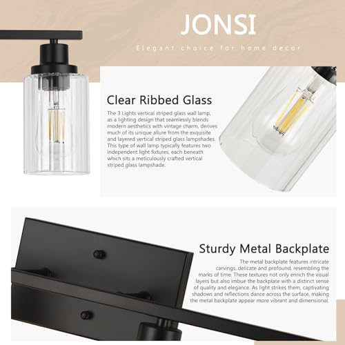 Image of Jonsi Modern Black Bathroom Light Fixtures, 4-Light Modern Black Vanity Light, Bathroom Vanity Light with Stripe Glass Shade, E26 Wall Sconces Over Mirror for Bathroom, Living Room, Hallway