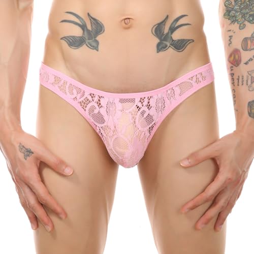 Mens Sissy Lace Thongs Exotic Men's G String Low Rise Bulge Pouch Underwear Men's See Through Thong Pink Gay