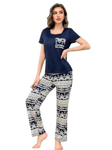 Image of TAGAS Women's Looper Fabric Night Suit Set - Soft Short Sleeve Printed Top with Floral Pajama Pants - Breathable Lightweight 2-Piece Sleepwear & Loungewear Set for Ladies