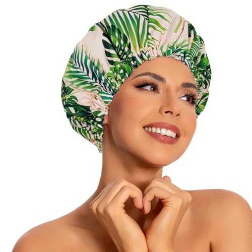 Reusable Shower Caps for Women Waterproof, Large Luxury Washable Elastic Band Bath Hair Bonnet, Double Layer Stylish Shower Hat for Long Hair, Braids, Curly(Plantain Leaf)