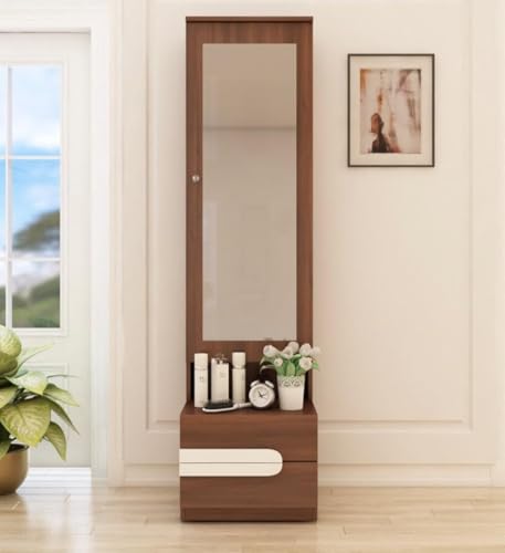 Image of CASPIAN Engineered Wood Single Door Wooden Vanity Dressing Table (Rainforest Brown) | Pre-Assembled Furniture with Mirror | Bedroom Storage for Makeup & Accessories Organizer | 6 Shelves & 2 Drawers