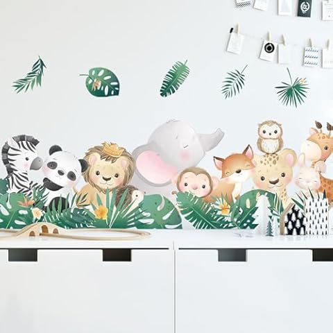 Cartoon Jungle Animals Wall Stickers Nordic Plants Zebra Panda Lion Elephant Monkey Wall Decals for Boy Kids Nursery Living Room Bedroom Children's Room Art Decorations Cover