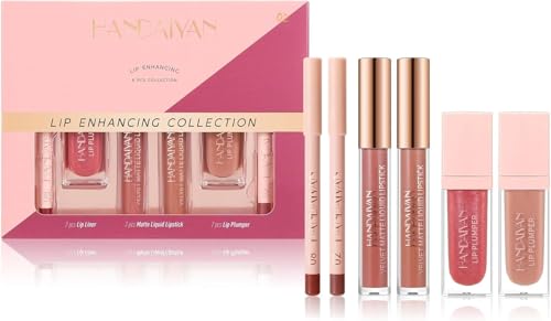 6PCS Lip Combo Kit - Matte Liquid Lipstick, Lip Liner & Plumper Set for Fuller Lips Long-Lasting, Moisturising Makeup Nude & Pink Shades, All-in-One Professional Lip Gift Set (# 02)