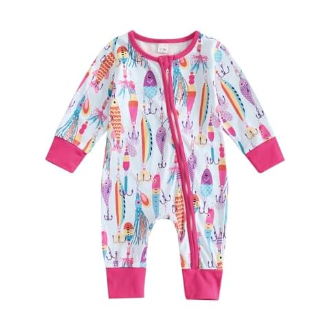 Gaono Newborn Baby Boy Girl Fishing Outfit Long Sleeve Zipper Fish Print Romper Jumpsuit Infant Coming Home Clothes (Pink, 0-3 Months) Cover