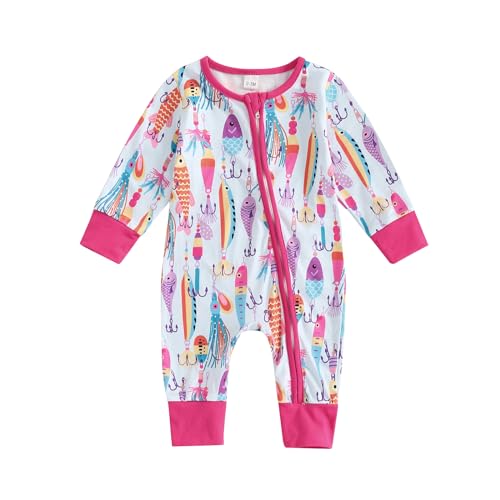 Newborn Baby Boy Girl Fall Winter Clothes Long Sleeve Fish Print Zipper Jumpsuit Romper One Piece Fishing Outfit 0-12M