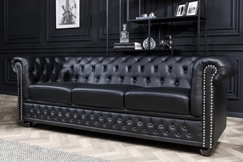 riess-ambiente.de Chesterfield 3-Sitzer Sofa 205cm schwarz Kunstleder Nietenbesatz Federkern