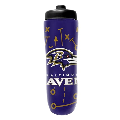 Image of Party Animal NFL Football Squeeze Bottle, 32 oz, Baltimore Ravens | Slim, lightweight BPA-free sports water bottle with quick-flow squeeze; fits backpacks & cup holders for kids or adults