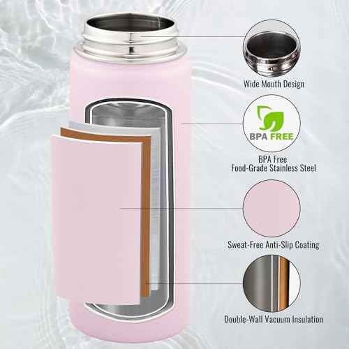 Image of Fijinhom Insulated Water Bottle with Handle, 304 Stainless Steel Water Bottles with Wide Mouth, Double Wall Vacuum Sports Water Bottle, BPA Free, Keep Cold and Hot, 18 Ounces, Pink