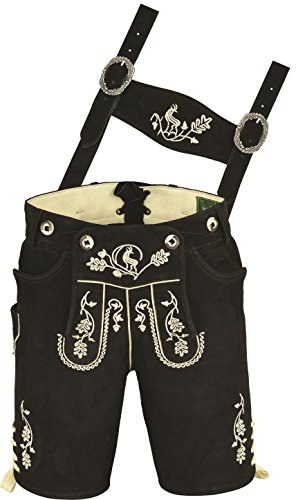 Hochwertige echt Leder Wildbock Trachten Lederhose Herren kurz, Damen Trachtenlederhose mit Träger in Schwarz (54, Schwarz) Cover