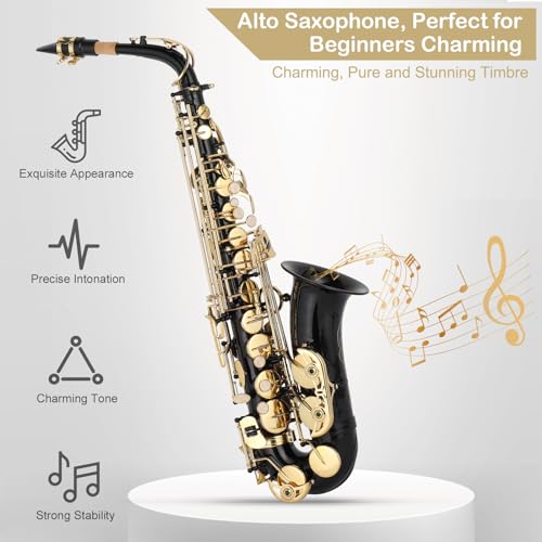GODECOR E Flat Alto Saxophone, Brass Alto Saxophones Instrument with Carry Case, Mouthpiece, Cleaning Brush & Cloth, Strap Accessories For Beginner Professional - Thumbnail 2