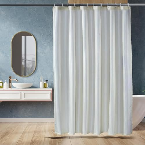 Image of Amazon Basics Shower Curtain 5 Feet | Waterproof Bathroom Curtain | PVC-Free, No Plastic Smell | Machine Washable Fabric | Off-White | 6ft Wide | 12 Hooks -180 CM X 150 CM