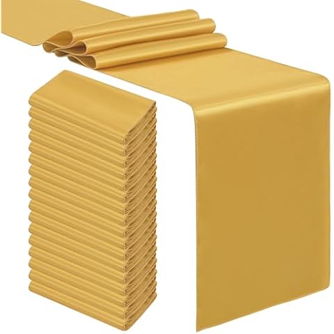 24 Pack Premium Satin Table Runner -12 x 108 Inch Long Bright Silky Table Runner for Wedding Parties Birthday Reception Decorations, Smooth Gold Table Runners fit Rectange and Round Table Cover