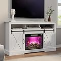 RoyalCraft Farmhouse Fireplace TV Stand for 65+ Inch TV, Entertainment Center with 23" Electric Fireplace with Remote, 34" Tall Modern Rustic TV Console with Sliding Bar Door for Living Room, White