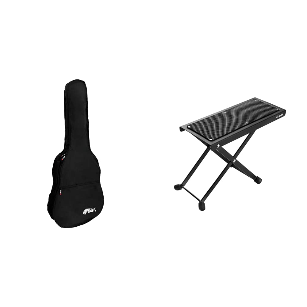 TIGER GGB7-MCL Tasche für Classische Gitarre - 3/4 + GAC65-12 12 Gitarrenplektren durchsichtig & Adam Hall Stands SGS017 Gitarrenfußbank, Schwarz