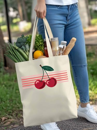 Canvas Tote Bag Red Cherry with Stripes Reusable Grocery Shopping Bag,Shoulder Tote Bags for Women Vacation Travel Work Gym4
