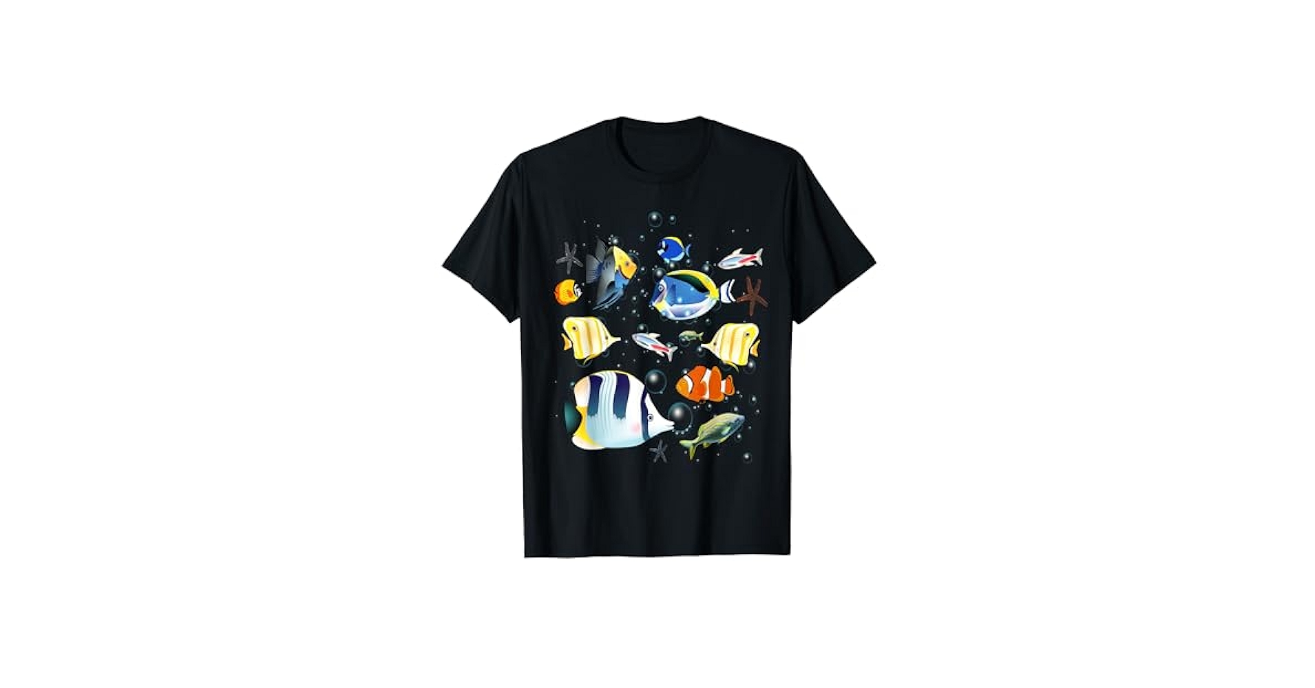 Tropical fish aquarium under ocean t-shirt at Amazon Men's