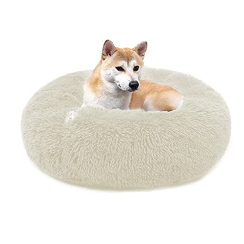 QIYUANT Cuccia Donut Rotonda in Peluche per Gatto e Cane Morbido e Antistress Letto Antiscivolo Cuscino Calmante Dormire​ per Cani e Gatti di Piccola Taglia Media (Crema, Ø40 cm)