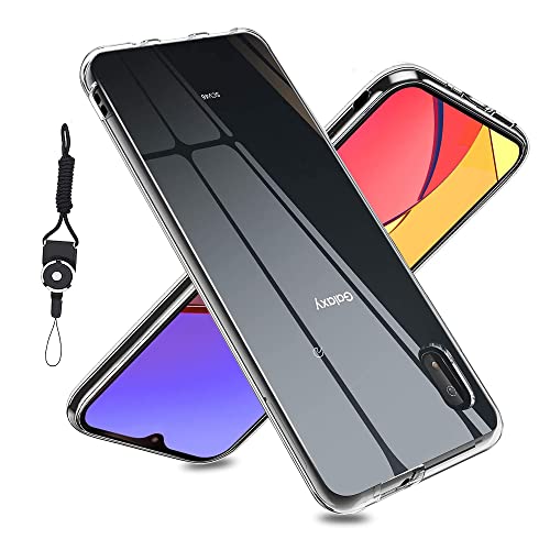 Galaxy A21 / A20 SC-42A / SCV49 / SC-02M / SCV46 用のケース カバー クリア 全透明 対応 TPU 耐衝撃 指紋防止 薄型 軽量 黄変防止 ストラップホール付属 ネックストラップ付 Qi充電対応 Galaxy A21