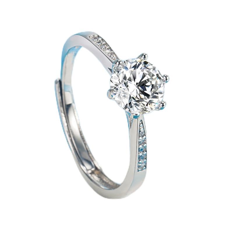 Anel solitário de zircônia de seis pinos, joia de noivado minimalista de banda aberta ajustável, presente geométrico elegante para mulheres