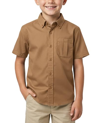 LINESURE Boys Button Down Shirt Boy Fashion Casual Dress Shirts Short Sleeve Button Up Shirt for School Outdoor Coffee