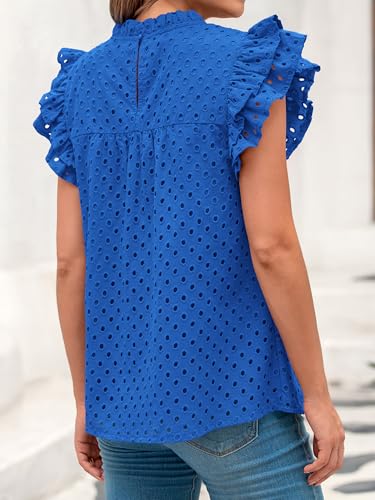 BTFBM Casual Summer Tops for Women 2025 Short Ruffle Sleeves Shirts Crew Neck Hollow Out Lace Embroidered Blouses