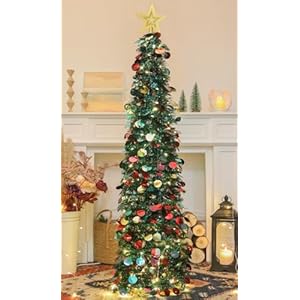 HMASYO 5 FT Pop Up Christmas Tree with Timer Lights, Blue Christmas Tinsel Tree, Collapsible Artificial Pencil Christmas Tree for Indoor Home Apartment Porch Holiday Party Decorations