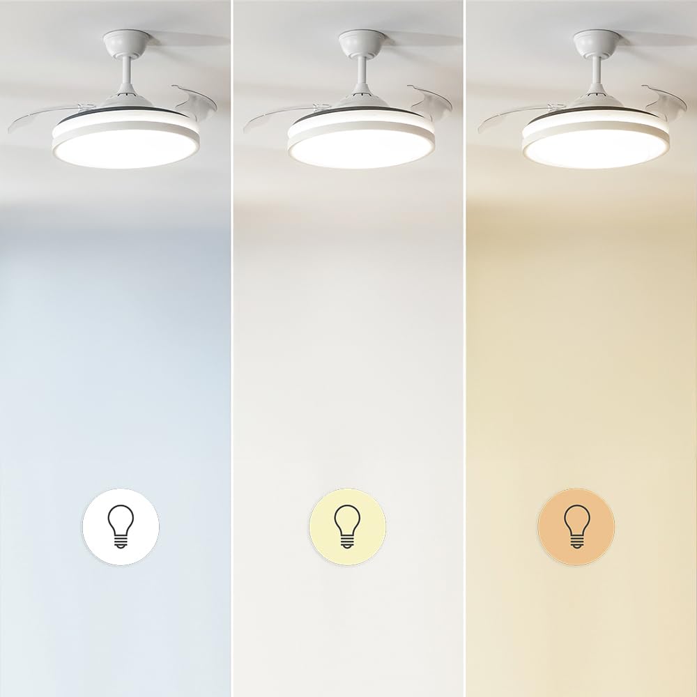 Cecotec Ventilateur de Plafond avec Lumière Energysilence Aero 4300 Invisible White. 35W, 6 Vitesses, Pales Rétractables, Télécommande, Minuteur, Lumière LED Intégrée, Intensité Lumineuse Réglable