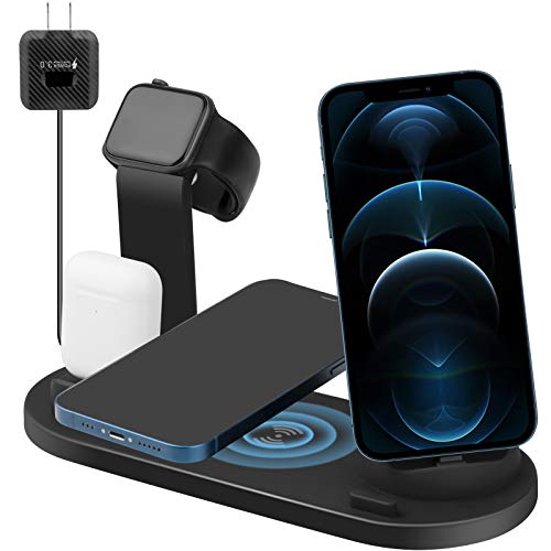 Wireless Charging Station, QI Fast Wireless Charger for iPhone 12/11/11 Pro Max/X/Xs/XR/8 Plus Samsung Galaxy S9 S8, Wireless Charging Stand Dock Pad for iWatch 5/4/3/2/1