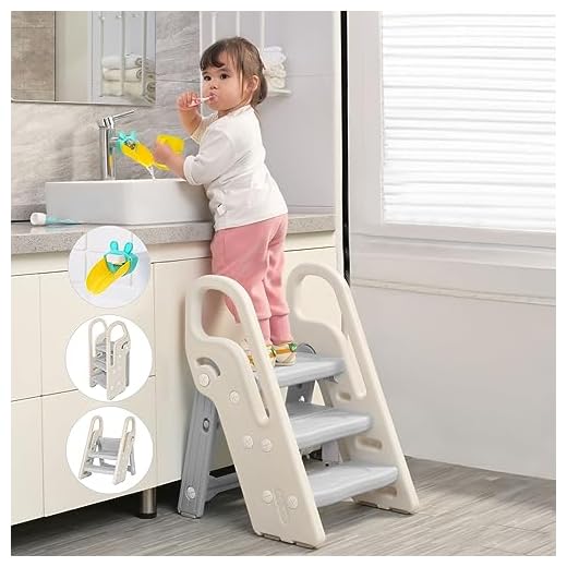 Onasti Foldable Step Stool for Bathroom Sink, Adjustable 3 Step Stool for Kids Toilet Potty Training Stool with Handles, Child Kitchen Counter Stool Helper, Plastic Ladder for Toddlers Grey