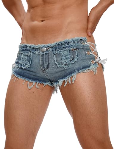 FEOYA Jeans Hotpants Herren Sexy Mini Denim Shorts Stretch Cut Low Rise Hot Pants Sommer Party Clubwear Strand Urlaub Sissy Kurze Jeansshorts für Männer A2 M