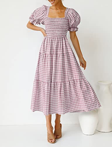 Image of ZESICA Women's 2026 Boho Summer Dresses Gingham Puff Sleeve Square Neck Flowy Beach Midi Dress