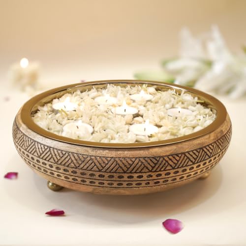 Image of BEHOMA Wood & Metal Urli Tray, 12 inch, Mocha Brown | Wood & metal urli tray in mocha brown, 12 inch; ideal festive gift for Durga Puja & Navratri decor, 1L.