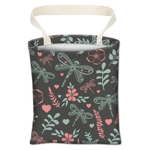 Image of Car Trash Can, Cute Car Trash Bag, Hanging Car Organizer and Storage Bag, Trash Bin for Car Accessories, Vehicle, Travelling, Camping Cute Dragonfly and Flowers