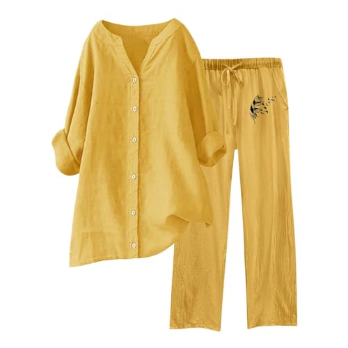 Vêtement haut tunique longue et pantalon coton lin ensemble décontracté
