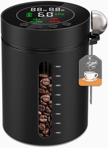 Automatic Vacuum Coffee Canister, 1.3L Coffee Container with Smart Pressure Sensor,LED Display,Window,Scoop Rechargeable Airtight Electric Coffee Bean Storage for Home Kitchen Ground Food Tea Storage