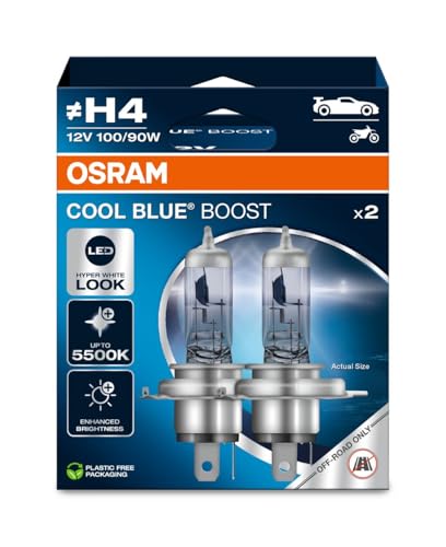OSRAM COOL BLUE® BOOST, H4, lámparas halógenas para faros delanteros, hasta 5500K, caja plegable colgante (2 lámparas), solo para uso todoterreno
